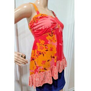 Upcycled Floral Tropical Top Size M Ruffled Adjustable Straps Fun Summer Beach